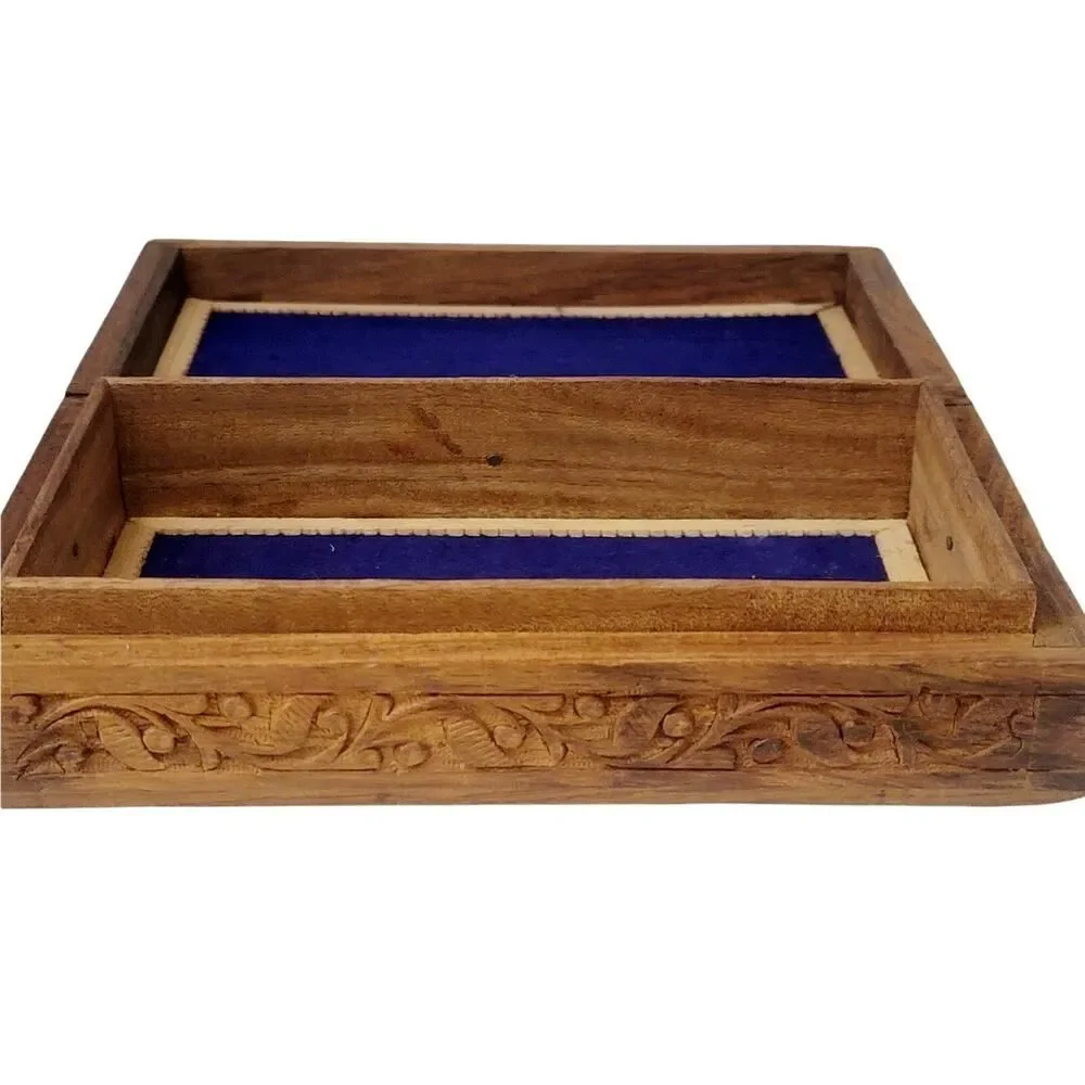 Hand Carved Wooden Box Flowers Trinket Jewelry‎ Blue Velvet Fabric Lined 8